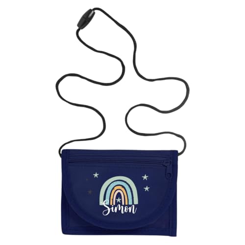 minimutz Geldbörse Kinder personalisiert, Kindergeldbeutel mit Name, Brustbeutel Regenbogen Sterne Mädchen (Navy) von minimutz