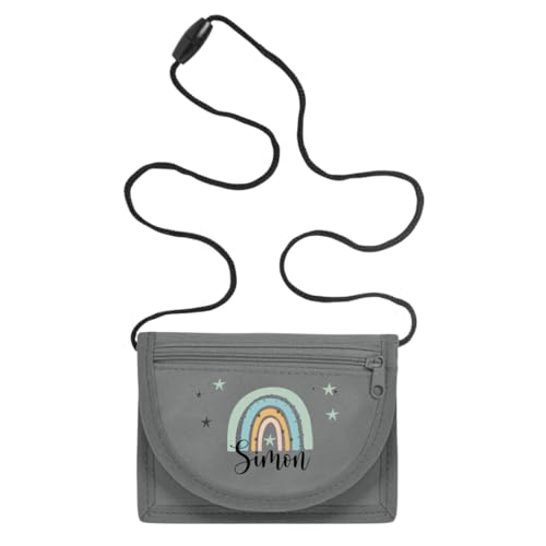 minimutz Geldbörse Kinder personalisiert, Kindergeldbeutel mit Name, Brustbeutel Regenbogen Sterne Mädchen (grau) von minimutz