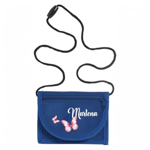 minimutz Geldbörse Kinder personalisiert, Kindergeldbeutel mit Name, Brustbeutel Schmetterling Mädchen (Royalblau) von minimutz