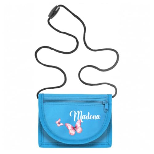 minimutz Geldbörse Kinder personalisiert, Kindergeldbeutel mit Name, Brustbeutel Schmetterling Mädchen (hellblau) von minimutz