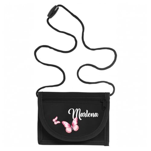 minimutz Geldbörse Kinder personalisiert, Kindergeldbeutel mit Name, Brustbeutel Schmetterling Mädchen (schwarz) von minimutz