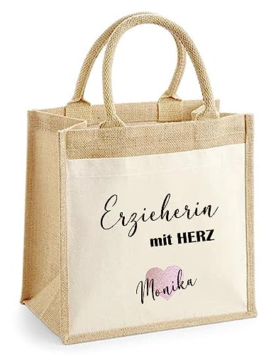 minimutz Geschenk Dankeschön Erzieher-in mit Herz | Jutetasche mit Baumwolle mit Name personalisiert | Kleine Geschenk-Tasche Abschied Kita Kindergarten Erzieherin mit Herz von minimutz