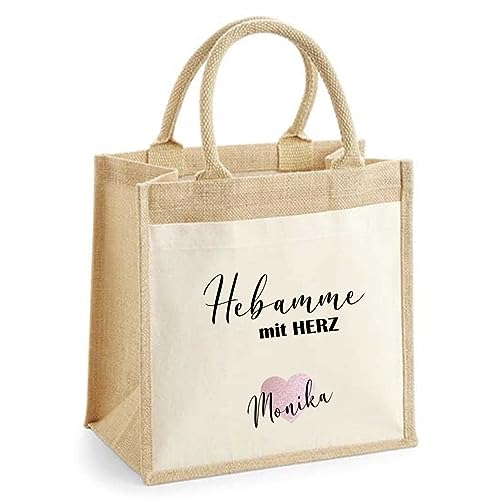 minimutz Geschenk Dankeschön Hebamme mit Herz | Jutetasche mit Baumwolle personalisiert mit Name | Kleine Geschenk-Tasche Abschied Danke für Begleitung Schwangerschaft Geburt von minimutz