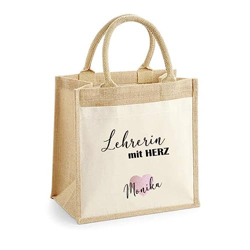 minimutz Geschenk Dankeschön Lehrer-in mit Herz | Jutetasche Baumwolle mit Name personalisiert | Kleine Geschenk-Tasche Abschied Kita Kindergarten Lehrerin mit Herz von minimutz