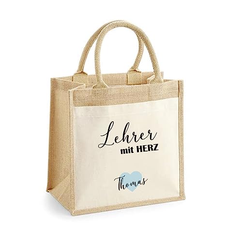 minimutz Geschenk Dankeschön Lehrerin-in mit Herz | Jutetasche Baumwolle mit Name personalisiert | Kleine Geschenk-Tasche Abschied Kita Kindergarten Lehrer mit Herz von minimutz