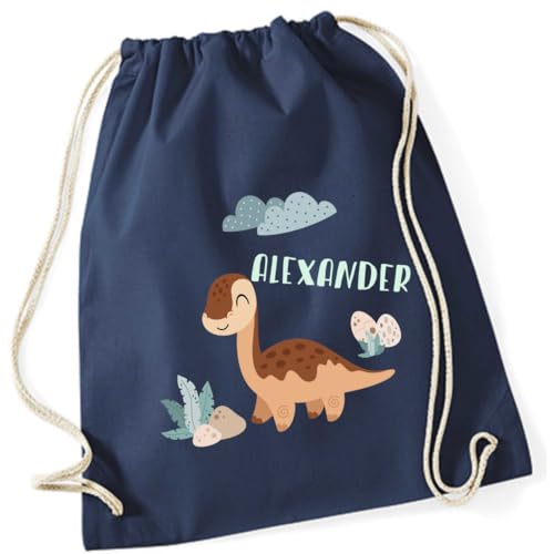 minimutz Geschenk Turnbeutel Dinosaurier - Personalisiert mit Namen - Kinder Stoffbeutel Rucksack zum Zuziehen - Sportbeutel zum Zuziehen - 12L - 37x46cm (dunkelblau) von minimutz