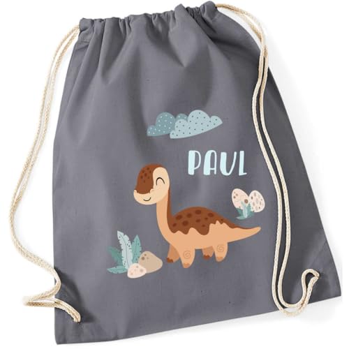 minimutz Geschenk Turnbeutel Dinosaurier - Personalisiert mit Namen - Kinder Stoffbeutel Rucksack zum Zuziehen - Sportbeutel zum Zuziehen - 12L - 37x46cm (grau) von minimutz