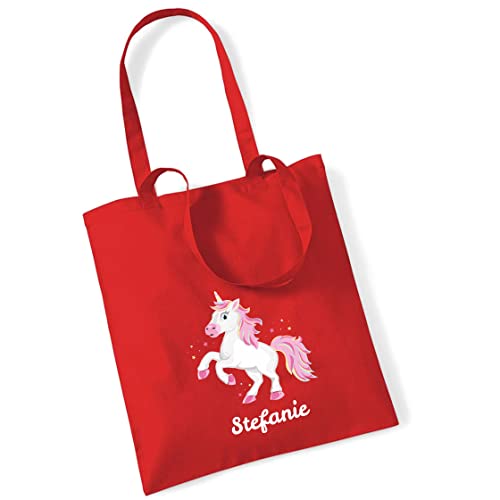 minimutz Jutebeutel Einhorn mit eigenem Namen bedruckt | große Stofftasche Baumwolle Unicorn | Personalisierter Kitabeutel Wechselwäsche Mädchen (rot) von minimutz