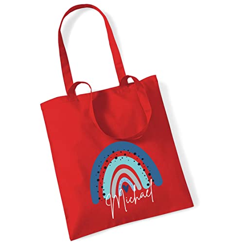 minimutz Jutebeutel Kinder mit Name bedruckt | große Stofftasche Regenbogen blau Baumwolle Mädchen Jungen | Personalisierter Kitabeutel für Wechselwäsche (rot) von minimutz