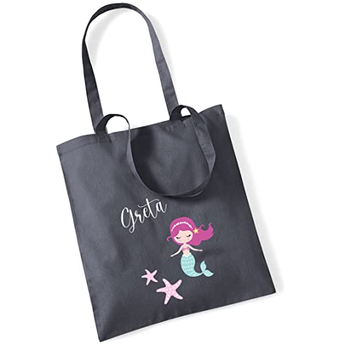 minimutz Jutebeutel Meerjungfrau mit eigenem Namen bedruckt | große Stofftasche Baumwolle Mädchen | Personalisierter Kitabeutel für Wechselwäsche (grau) von minimutz