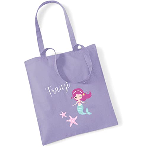 minimutz Jutebeutel Meerjungfrau mit eigenem Namen bedruckt | große Stofftasche Baumwolle Mädchen | Personalisierter Kitabeutel für Wechselwäsche (lavendel) von minimutz