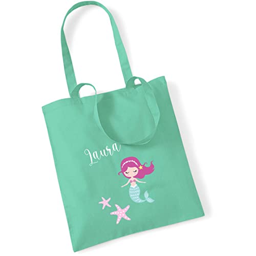 minimutz Jutebeutel Meerjungfrau mit eigenem Namen bedruckt | große Stofftasche Baumwolle Mädchen | Personalisierter Kitabeutel für Wechselwäsche (mint) von minimutz