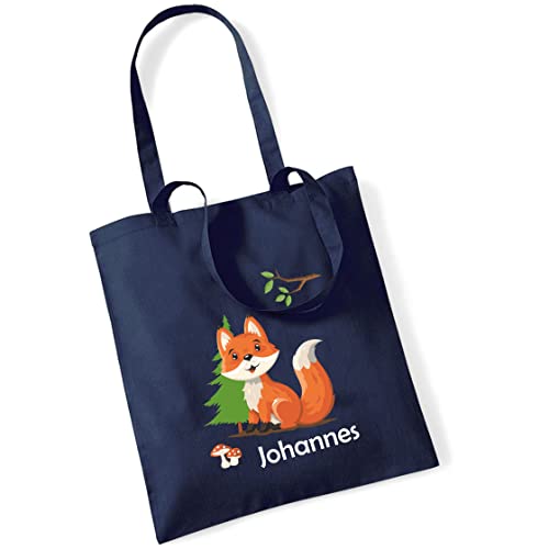 minimutz Jutebeutel mit eigenem Namen bedruckt | Motiv Fuchs im Wald | große Stofftasche Baumwolle | Personalisierter Kitabeutel Mädchen Jungen (dunkelblau) von minimutz