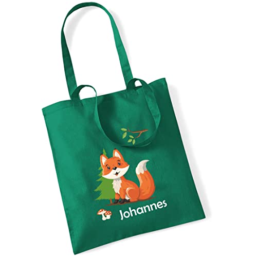 minimutz Jutebeutel mit eigenem Namen bedruckt | Motiv Fuchs im Wald | große Stofftasche Baumwolle | Personalisierter Kitabeutel Mädchen Jungen (mittelgrün) von minimutz