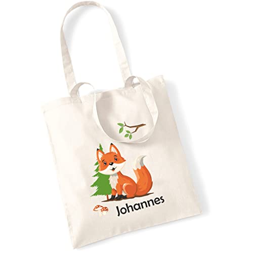 minimutz Jutebeutel mit eigenem Namen bedruckt | Motiv Fuchs im Wald | große Stofftasche Baumwolle | Personalisierter Kitabeutel Mädchen Jungen (natur) von minimutz