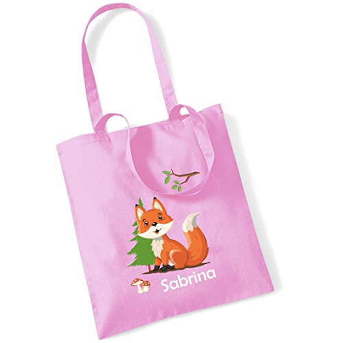 minimutz Jutebeutel mit eigenem Namen bedruckt | Motiv Fuchs im Wald | große Stofftasche Baumwolle | Personalisierter Kitabeutel Mädchen Jungen (rosa) von minimutz