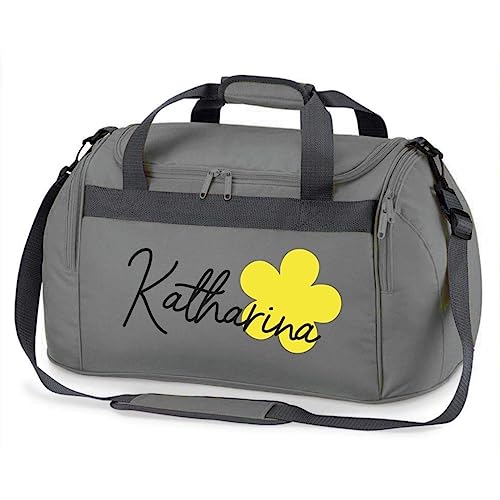 minimutz Kinder-Sporttasche mit Blume & Namen | INKL. Namensdruck | Personalisieren & Bedrucken | Reisetasche zum Umhängen (grau) von minimutz