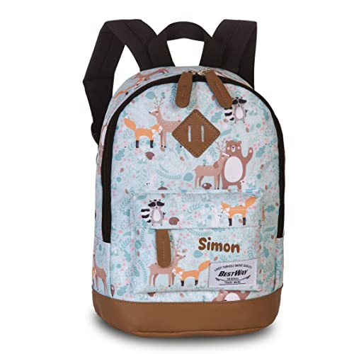 minimutz Kindergarten-Rucksack Jungen Mädchen mit Name | Kleiner personalisierter Rucksack Kinder Freizeitrucksack Wald-Motiv Waldtiere Fuchs Reh Bär von minimutz