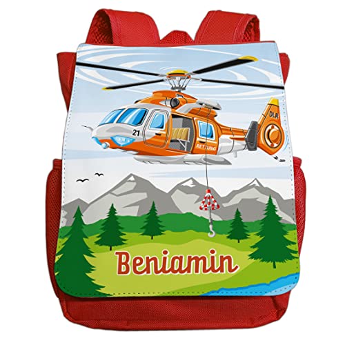 minimutz Kindergartenrucksack Helikopter für Jungen mit Name | Personalisierter Rucksack Rettungs-Hubschrauber für Kinder | Kleiner Freizeitrucksack Kinderrucksack Kita Kindergarten 2-5 Jahre (rot) von minimutz