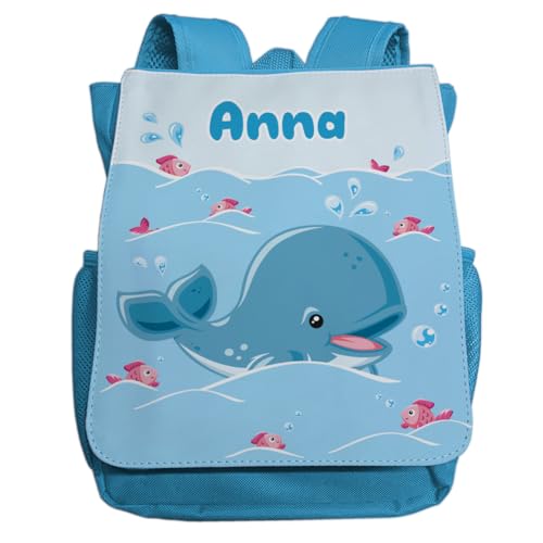 minimutz Kindergartenrucksack Junge Mädchen - Personalisiert mit Namen - Kinderrucksack Tier Wal - Kleiner Freizeitrucksack Kita Kindergarten 2-5 Jahre (hellblau) von minimutz