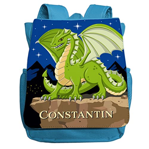 minimutz Kindergartenrucksack Jungen mit Name | Personalisierter Rucksack Drache Dragon für Kinder | Kleiner Freizeitrucksack Kinderrucksack Kita Kindergarten 2-5 Jahre (hellblau) von minimutz