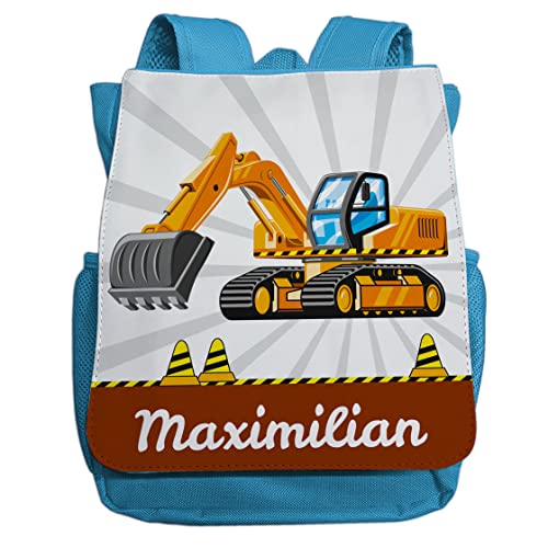 minimutz Kindergartenrucksack Jungen personalisiert mit Namen | Kinder-Rucksack Bagger Baustelle für Kinder | Kleiner Freizeitrucksack Kinderrucksack Kita Kindergarten 2-5 Jahre (hellblau) von minimutz