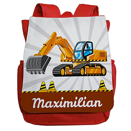 minimutz Kindergartenrucksack Jungen personalisiert mit Namen | Kinder-Rucksack Bagger Baustelle für Kinder | Kleiner Freizeitrucksack Kinderrucksack Kita Kindergarten 2-5 Jahre (rot) von minimutz