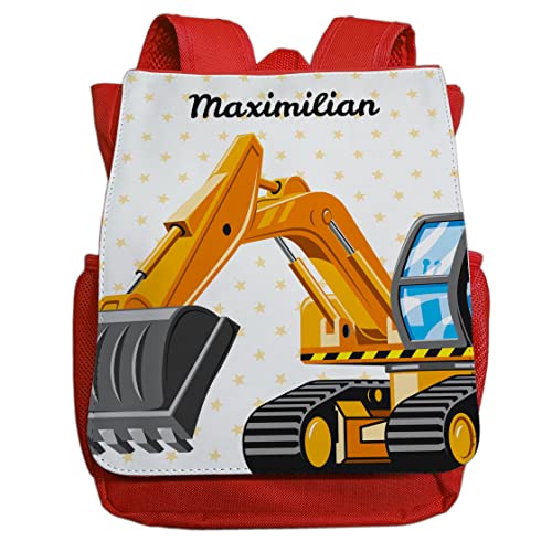 minimutz Kindergartenrucksack Jungen personalisiert mit Namen | Kinder-Rucksack Bagger Baustellenfahrzeug für Kinder | Kleiner Freizeitrucksack Kinderrucksack Kita Kindergarten 2-5 Jahre (rot) von minimutz