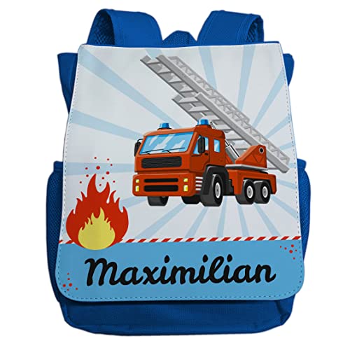 minimutz Kindergartenrucksack Jungen personalisiert mit Namen | Kinder-Rucksack Feuerwehr Auto und Flamme für Kinder | Kleiner Freizeitrucksack Kinderrucksack Kita Kindergarten 2-5 Jahre (dunkelblau) von minimutz