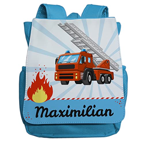 minimutz Kindergartenrucksack Jungen personalisiert mit Namen | Kinder-Rucksack Feuerwehr Auto und Flamme für Kinder | Kleiner Freizeitrucksack Kinderrucksack Kita Kindergarten 2-5 Jahre (hellblau) von minimutz