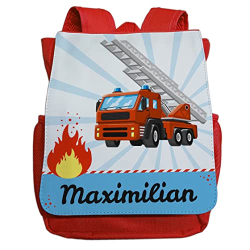 minimutz Kindergartenrucksack Jungen personalisiert mit Namen | Kinder-Rucksack Feuerwehr Auto und Flamme für Kinder | Kleiner Freizeitrucksack Kinderrucksack Kita Kindergarten 2-5 Jahre (rot) von minimutz