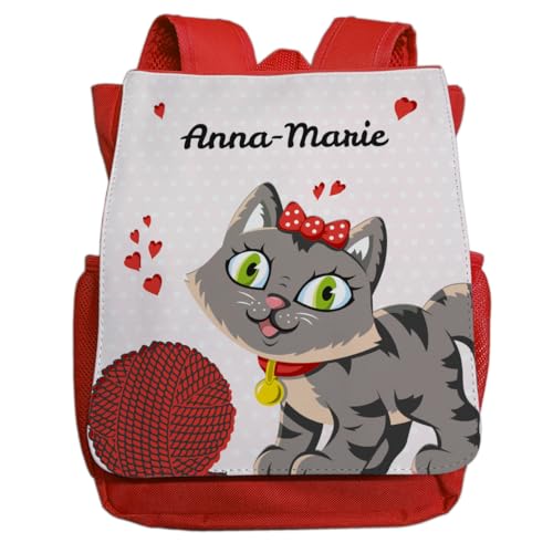 minimutz Kindergartenrucksack Mädchen Katze - Personalisiert mit Namen - Kinderrucksack mit Kätzchen - Kleiner Freizeitrucksack Kita Kindergarten 2-5 Jahre (rot) von minimutz