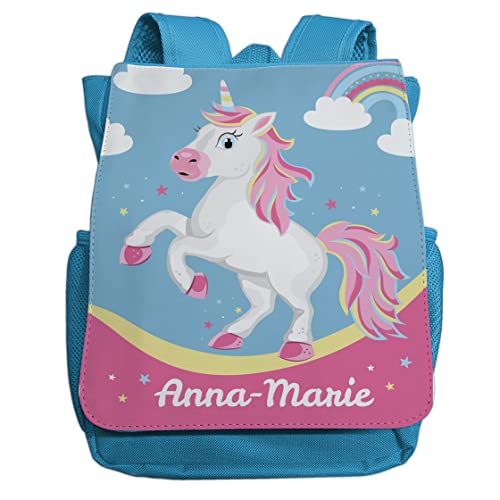 minimutz Kindergartenrucksack Mädchen mit Name | Personalisierter Rucksack Einhorn Regenbogenfarben für Kinder | Kleiner Freizeitrucksack Kinderrucksack Kita Kindergarten 2-5 Jahre (hellblau) von minimutz