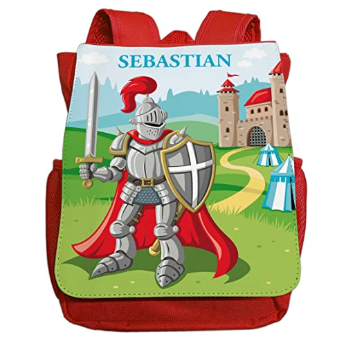 minimutz Kindergartenrucksack Ritter für Jungen mit Name | Personalisierter Rucksack Mittelalter für Kinder | Kleiner Freizeitrucksack Kinderrucksack Kita Kindergarten 2-5 Jahre (rot) von minimutz