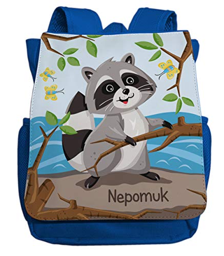 minimutz Kindergartenrucksack mit Namen für Jungen & Mädchen | Motiv süßer Waschbär | kleiner Kinderrucksack inkl. Wunschname & Brustgurt | ideal für KiTa und Kindergarten von 2-5 Jahre (royalblau) von minimutz