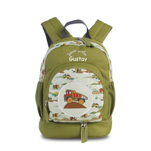 minimutz Kinderrucksack Jungen Mädchen - Personalisiert mit Namen - Freizeitrucksack Wanderrucksack Kinder - Bagger in grün - mit Bodenfach Schuhfach von minimutz