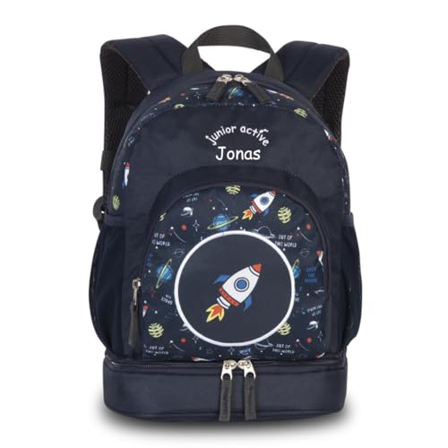 minimutz Kinderrucksack Jungen Mädchen - Personalisiert mit Namen - Freizeitrucksack Wanderrucksack Kinder - Rakete in dunkelblau - mit Bodenfach Schuhfach von minimutz