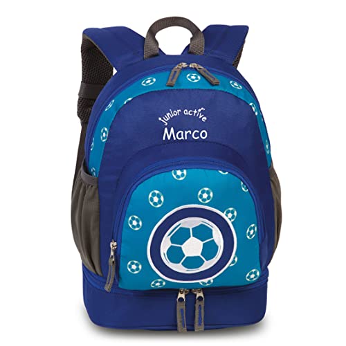 minimutz Kinderrucksack Jungen Mädchen | Personalisiert mit eigenem Namen | Freizeitrucksack Wanderrucksack Kinder | Fußball in royalblau von minimutz