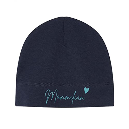 minimutz Kleine Babymütze mit Namen | Personalisierte Mütze Beanie für Baby und Neugeborene | Motiv Herz (dunkelblau) von minimutz