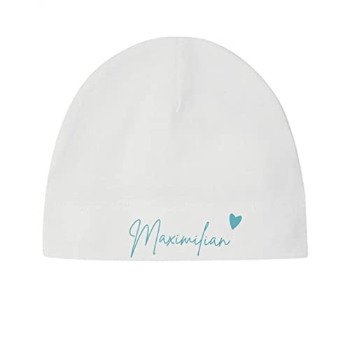 minimutz Kleine Babymütze mit Namen | Personalisierte Mütze Beanie für Baby und Neugeborene | Motiv Herz (weiß) von minimutz