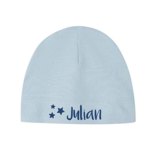 minimutz Kleine Babymütze mit Namen | Personalisierte Mütze Beanie für Baby und Neugeborene | Motiv Sterne Stars (hellblau) von minimutz