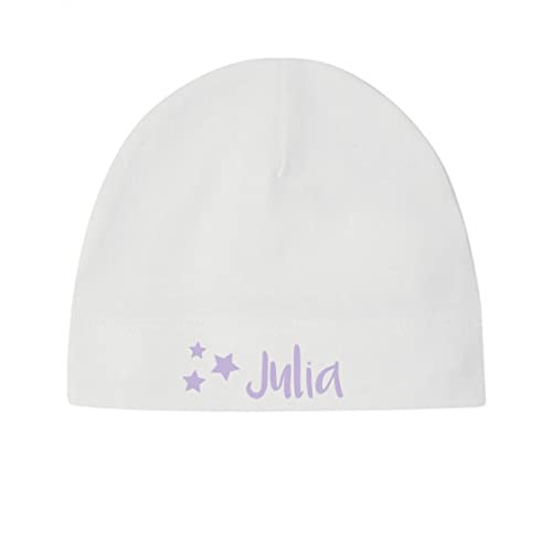 minimutz Kleine Babymütze mit Namen | Personalisierte Mütze Beanie für Baby und Neugeborene | Motiv Sterne Stars (weiß) von minimutz