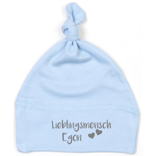 minimutz Mütze Baby Lieblingsmensch Herzen, Personalisiert mit Name, Personalisiertes Geschenk Taufe Geburt, Beanie Neugeborene mit Spruch (hellblau) von minimutz