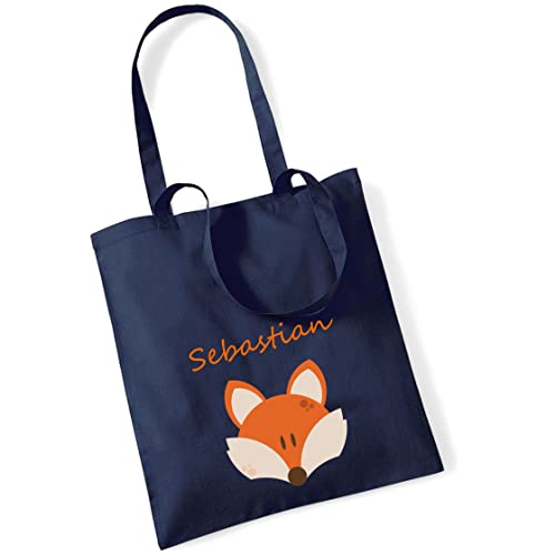 minimutz Personalisierter Jutebeute mit Namen | große Stofftasche Baumwolle Motiv Tier Fuchs | Personalisierter Kitabeutel Mädchen Jungen (dunkelblau) von minimutz