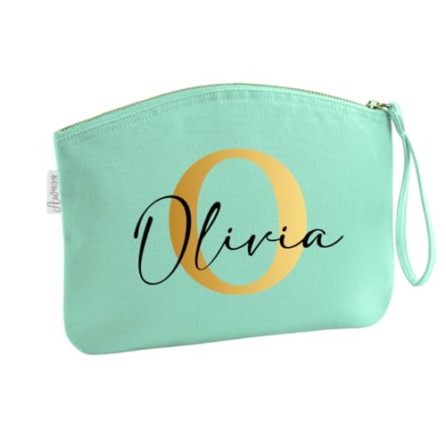 minimutz Schminktasche für Mädchen mit Name | Motiv Buchstabe Initiale inkl. Namensdruck | Personalisierte Kosmetiktasche Ordnungshüter Mädchen Damen XL (35 x 25 cm) in Mint von minimutz