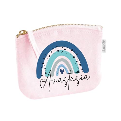 Schminktasche mit Name für Mädchen | Motiv Regenbogen in blau | kleine Kosmetiktasche für Frauen & Kinder personalisiert | Make-up Täschchen mit Reißverschluss (rosa, 14 x 11 cm) von minimutz