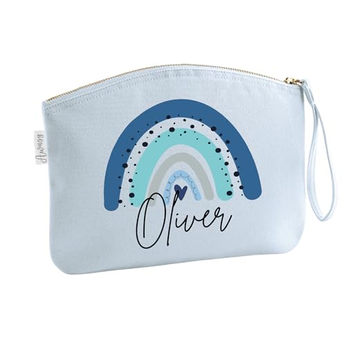 Schminktasche mit Name für Mädchen | Motiv Regenbogen in blau | kleine Kosmetiktasche für Frauen & Kinder personalisiert | Make-up Täschchen mit Reißverschluss (Pastellblau, 28 x 22 cm) von minimutz
