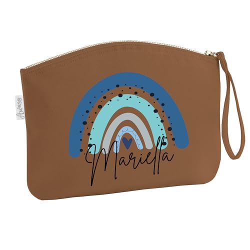 minimutz Schminktasche mit Name für Mädchen | Motiv Regenbogen in blau | kleine Kosmetiktasche für Frauen & Kinder personalisiert | Make-up Täschchen mit Reißverschluss (braun, 28 x 22 cm) von minimutz
