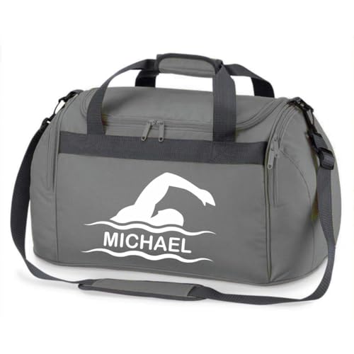 minimutz Sporttasche Schwimmen für Kinder - Personalisierbar mit Name - Schwimmtasche Duffle Bag für Mädchen und Jungen (grau) von minimutz