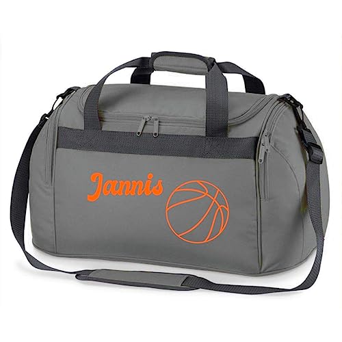 minimutz Sporttasche mit Namen Bedruckt für Kinder | Personalisierbar mit Motiv Basketball | Reisetasche Duffle Bag für Mädchen und Jungen Sport (grau) von minimutz